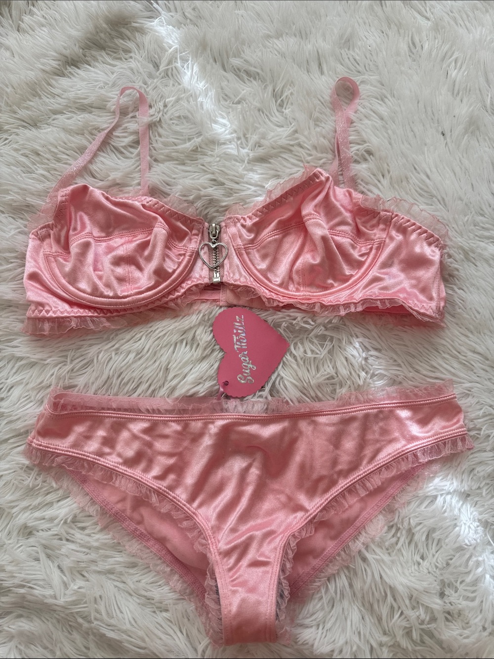Sugar Thrillz royally yours Satin Pink Lingerie Set - Bra & Bikini Panty L